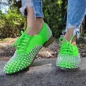 Women's Neon Green Silver Studded Lace Up Flat Oxford Shoes